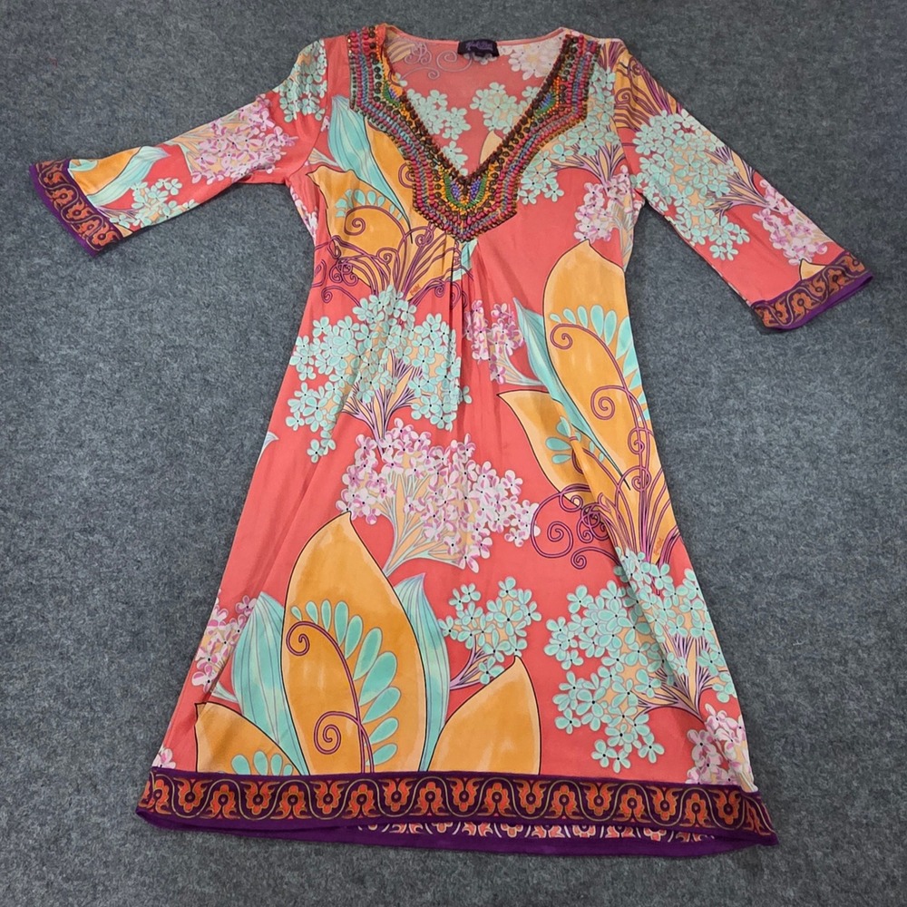 Hale Bob 100% Silk Beaded V Neck Tunic Dress Floral Boho Resort Size M